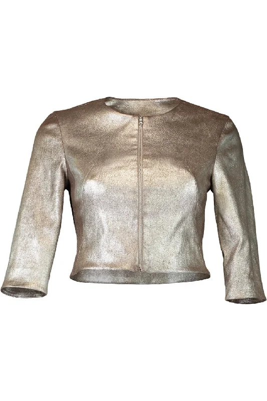 Leather Cardigan Jacket - Taupe Quartz Appliqued Jacket Beaded Jacket Sequined Jacket