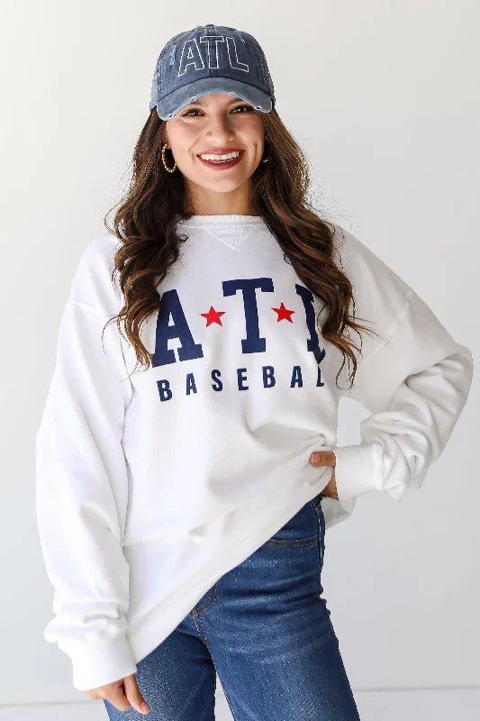 White ATL Baseball Star Sweatshirt Hoodie with Distressed Vintage Worn