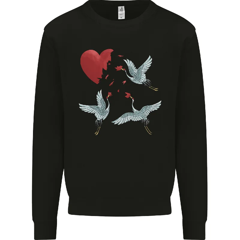 Crane Heart Anti Valentines Day Single Funny Mens Sweatshirt Jumper Hoodie with Rolled Sleeves Casual Relaxed