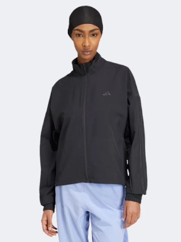 Adidas Pacer All Gym Tonal 3 Stripes Women Training Jacket Black Boat Neck Shawl Collar Notched Collar