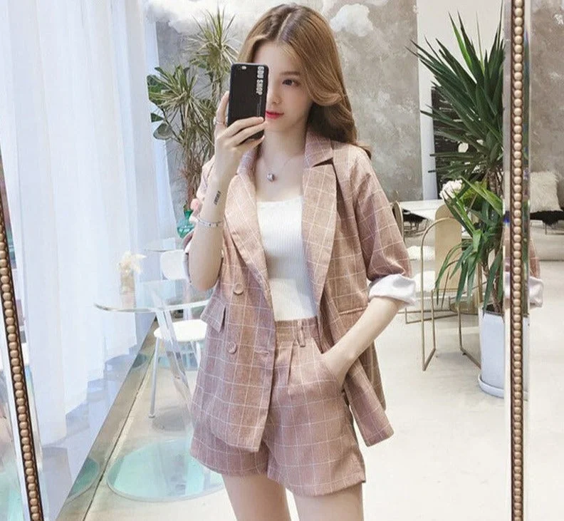 Wjczt Spring Summer Women Thin Casual Blazer Korean Fashion Graceful Plaid Suit Coat+Short Pants Two Pieces Set Workwear Female Women's Short Blazer