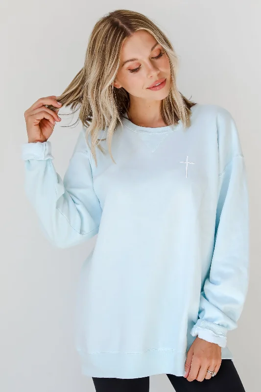 Light Blue God Is Good Cross Sweatshirt Hoodie with V-Neck Classic Versatile