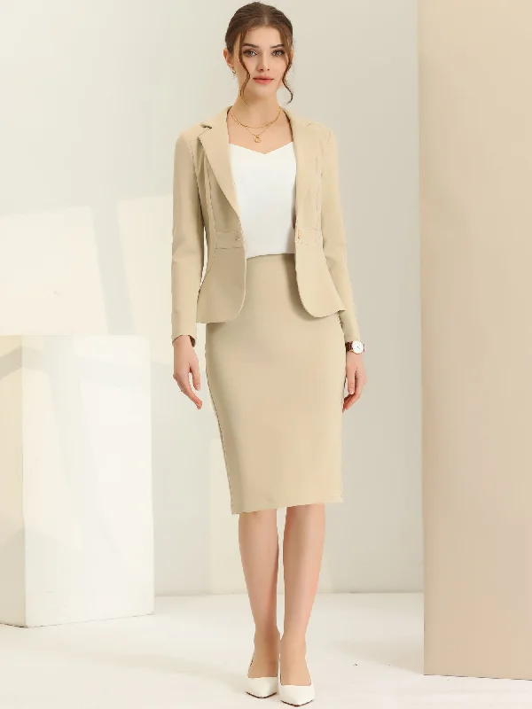 2 Pieces Business Casual Notched Lapel Long Sleeve Blazer & Pencil Skirt Suit Set Women's Trendy Jacket