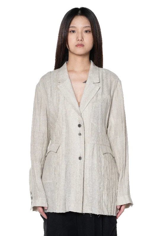 Oversized Pleated Blazer Natural Dyed Beige Linen Women's Suit