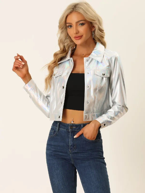 Metallic Biker Holographic Button Down Shiny Jacket Embroidered Jacket Appliqued Jacket Beaded Jacket