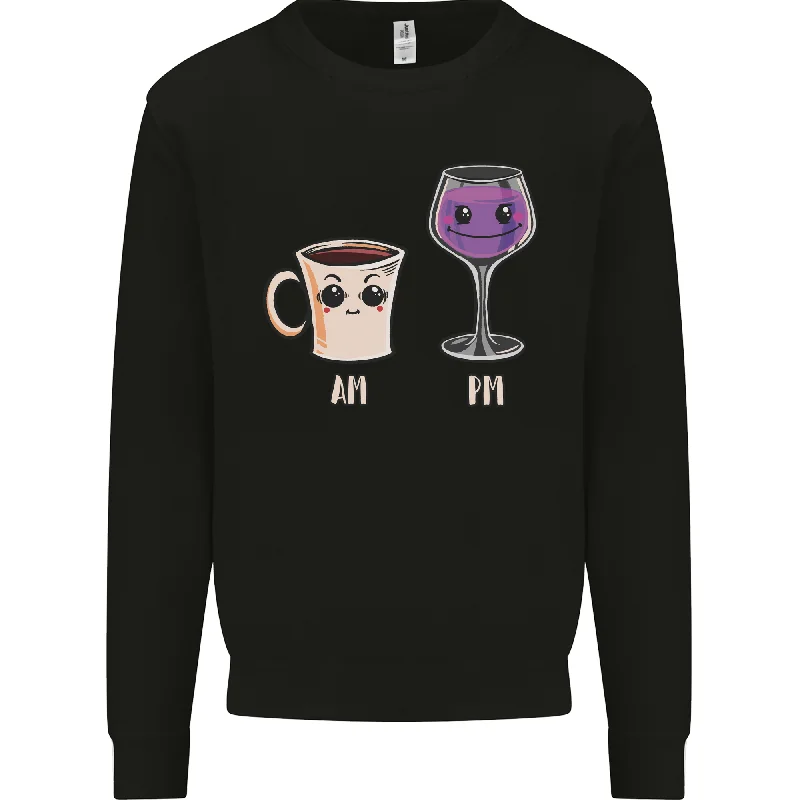 Coffee am Wine pm Funny Alcohol Prosecco Mens Sweatshirt Jumper Zip Hoodie Drawstring Kangaroo Pocket