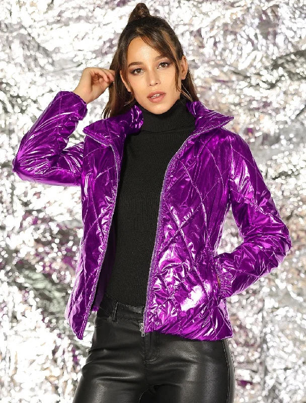 Holographic Shiny Zipper Metallic Down Puffer Jacket Print Jacket Jacquard Jacket Embroidered Jacket