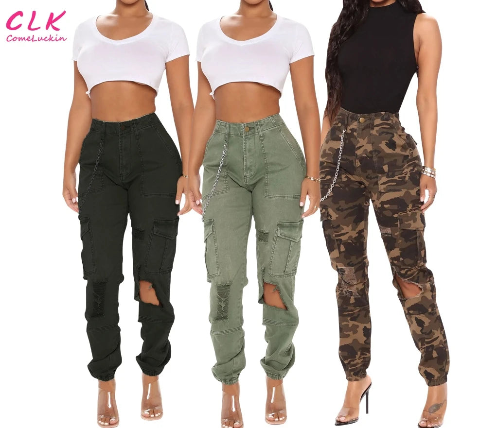 Hollow Out Ripped Jeans Women Casual Big Pocket Denim Trouser 2023 High Waist Stretch Camouflage Cargo Jeans Woman Trousers Hiking Durable