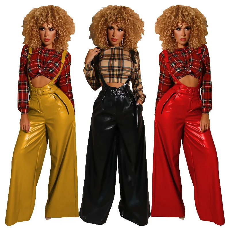 BS107043 Fashion Casual elastic PU leather High Waist Wide Leg dungarees Fall Women trousers with suspenders Trousers versatile functional