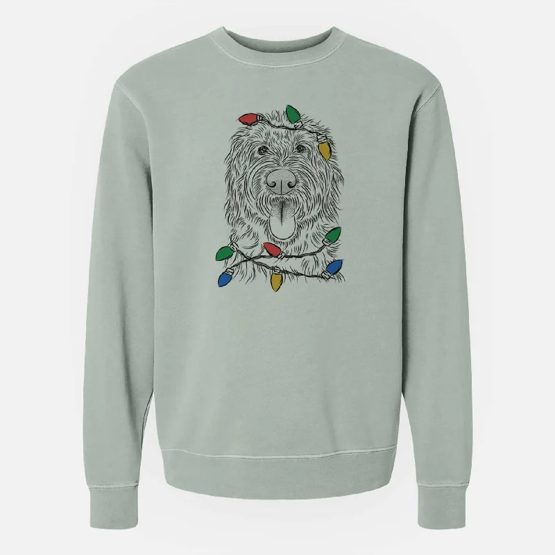 Christmas Lights Bennett the Doodle - Unisex Pigment Dyed Crew Sweatshirt Hoodie with Illustration Artistic Creative