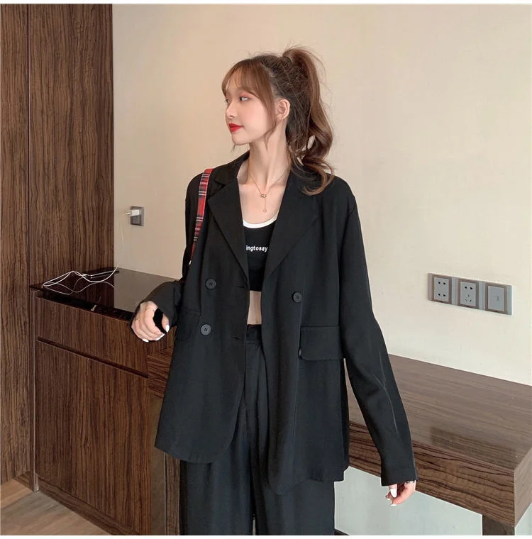 Wjczt Causal Loose Blazer Wide Leg Pants Two Pieces Set Women 2022 Spring Autumn Basic Solid Coats+Trousers Outfits Office Lady Suit Women's Designer Suit