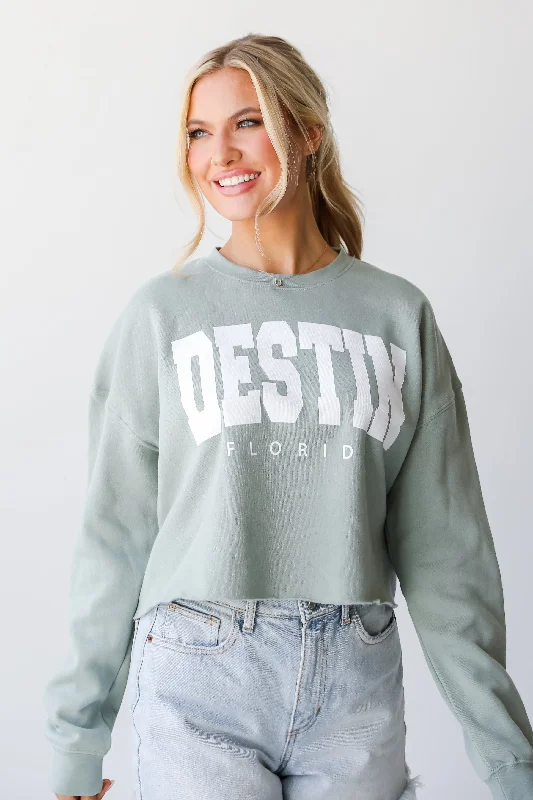 Sage Destin Florida Cropped Sweatshirt Hoodie with Pastel Soft Subtle