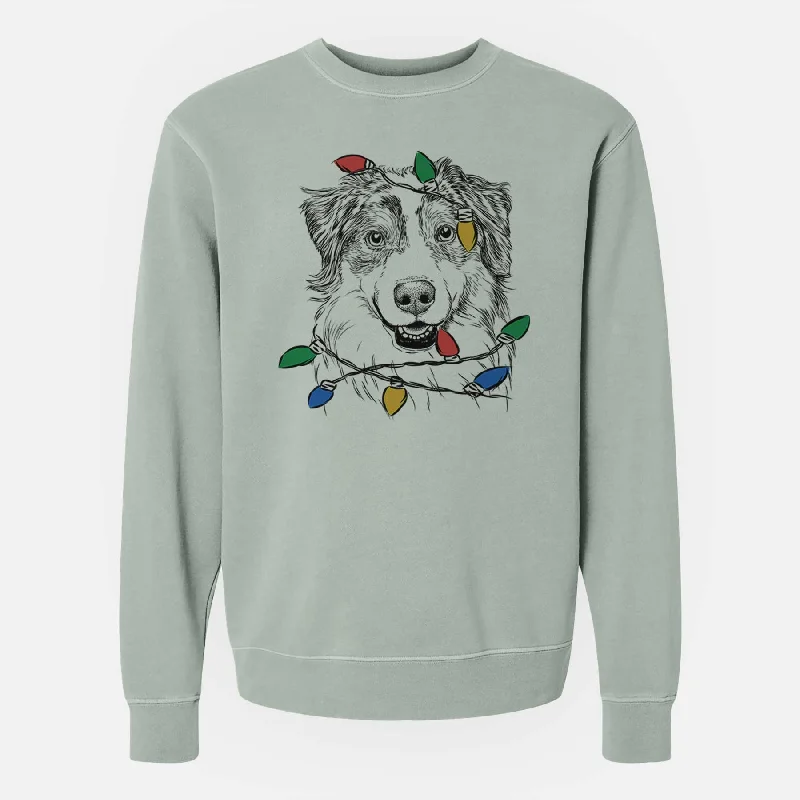 Christmas Lights Aonghus the Australian Shepherd - Unisex Pigment Dyed Crew Sweatshirt Hoodie with Tied Waist Feminine Flattering