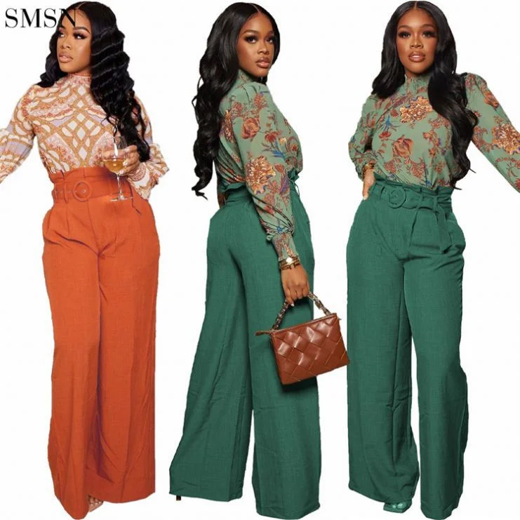 Hot Selling Solid Color Belt Wide Leg Casual Temperament Trousers Long Pants Women Autumn Ladies Long Pant Trousers Modern Contemporary