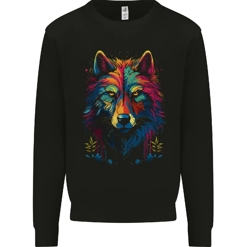 Colourful Fantasy Wolf Face Mens Sweatshirt Jumper Hoodie with Raglan Sleeves Sporty Comfortable