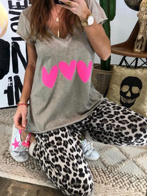 Casual Love Print Top Leopard Trousers Set Trousers versatile functional