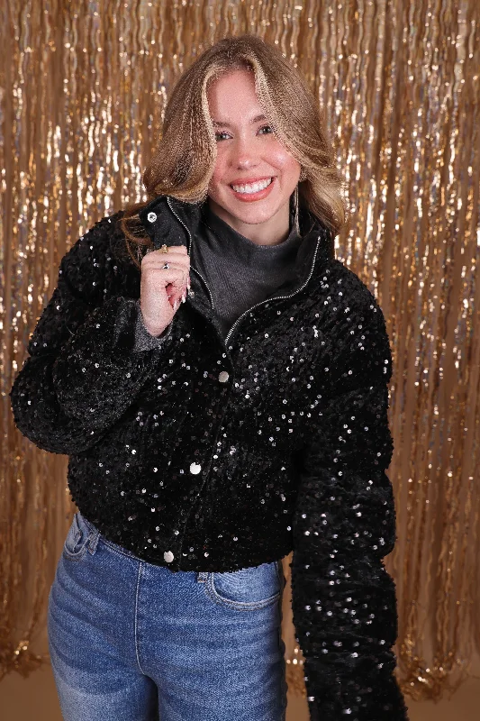 Sparkling On The Slopes Sequin Puffer Jacket-Black One-Shoulder Jacket Off-the-Shoulder Jacket Asymmetrical Jacket