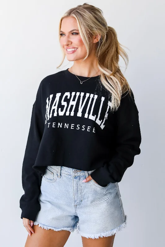 Black Nashville Tennessee Cropped Sweatshirt Hoodie with Ribbed Hem Stretchable Secure