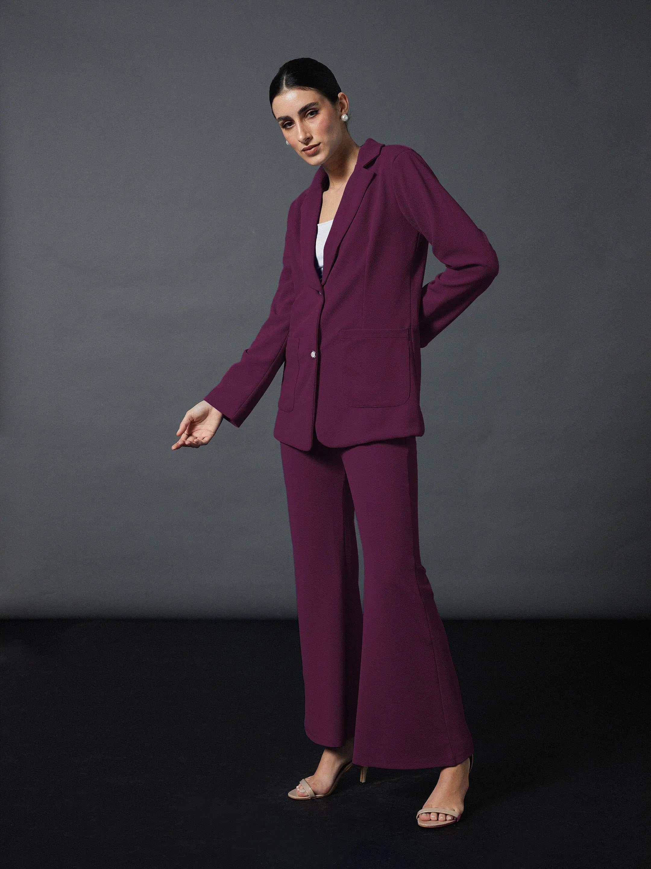 Women Mauve Slim Fit Blazer With Bellbottom Pants Women's Elegant Jacket