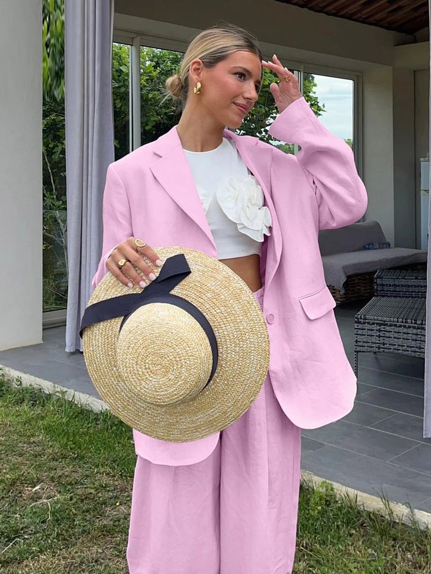 Sustain Loose Pink Cotton 2 Piece Sets Women Outfit 2024 Elegant Long Sleeve Blazer With High Waist Wide Pants Set Female Women's Luxurious Jacket