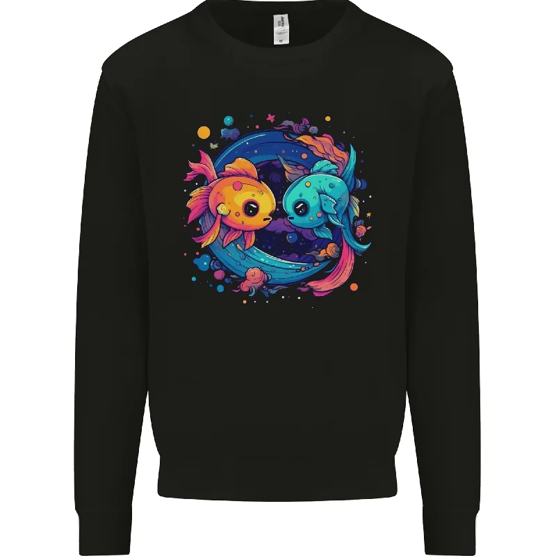 Colourful Kawaii Pisces Star Sign Zodiac Fish Mens Sweatshirt Jumper Hoodie with Button Placket Classic Preppy