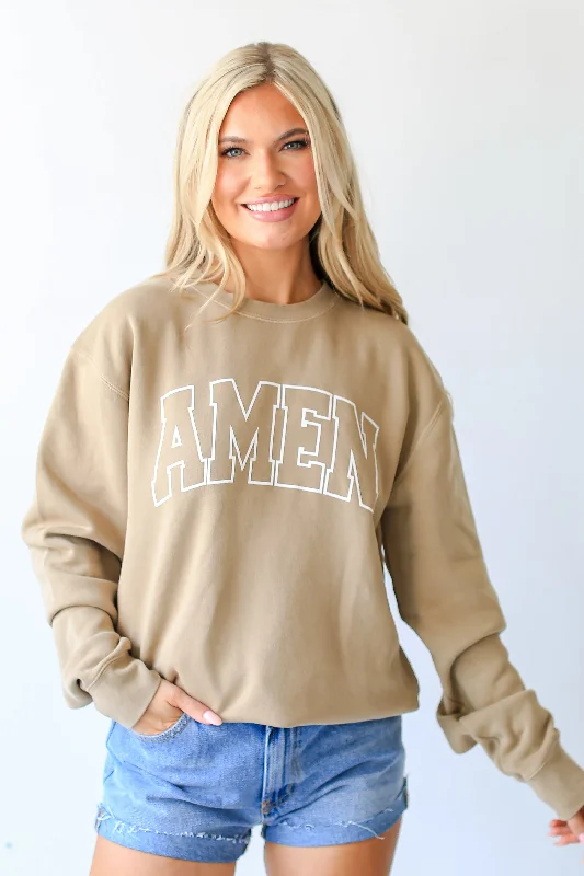 Tan Amen Sweatshirt Hoodie with Side Slits Relaxed Casual