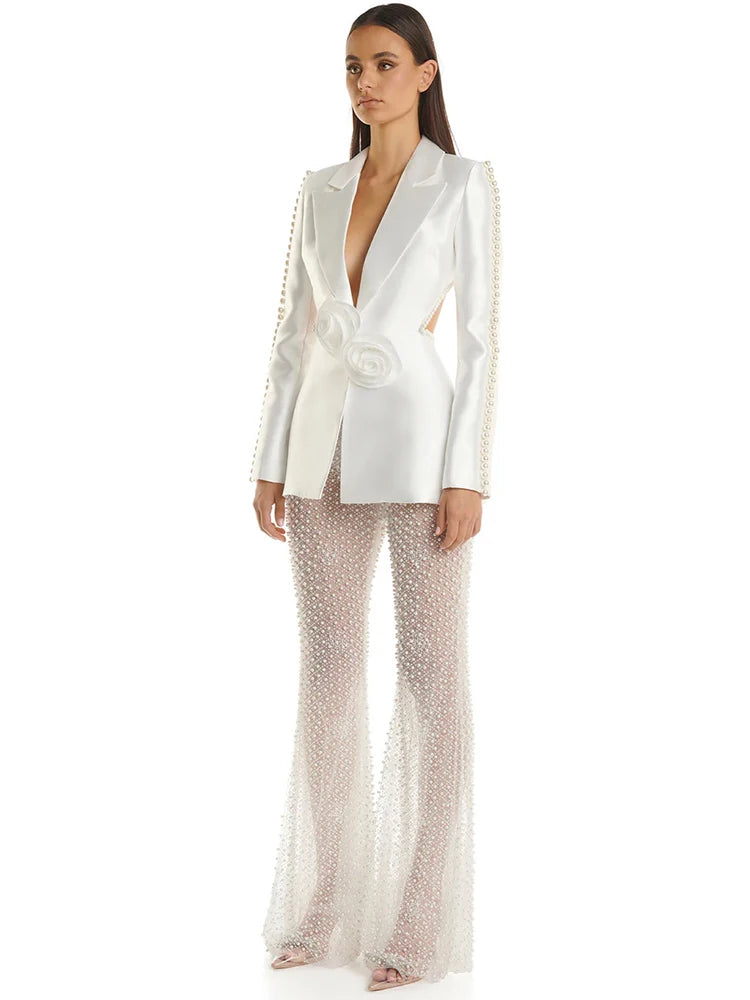 Summer Designer Women's Hollow Out Flowers Pearls Beaded Blazer Gauze Pants Women's Elegant Suit