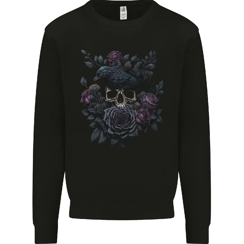 Crow & Skull With Flowers Gothic Goth Raven Mens Sweatshirt Jumper Hoodie with Strings Custom Fit Adjustable