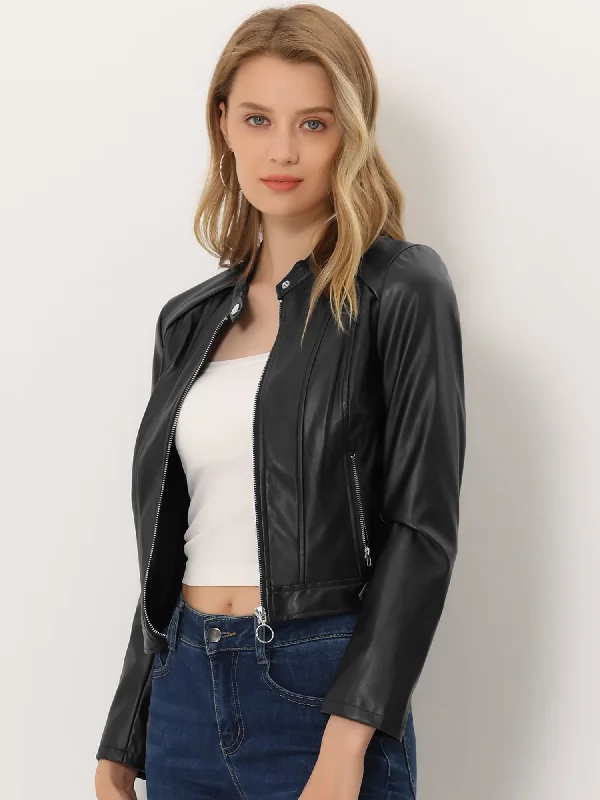 Faux Leather Jacket Zip Up Slim Fit Long Sleeve Moto Biker Coat Nylon Fabric Polyester Fabric Spandex Fabric