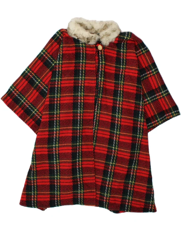 VINTAGE Womens Poncho Coat One Size Red Check Vest Waistcoat Gilet