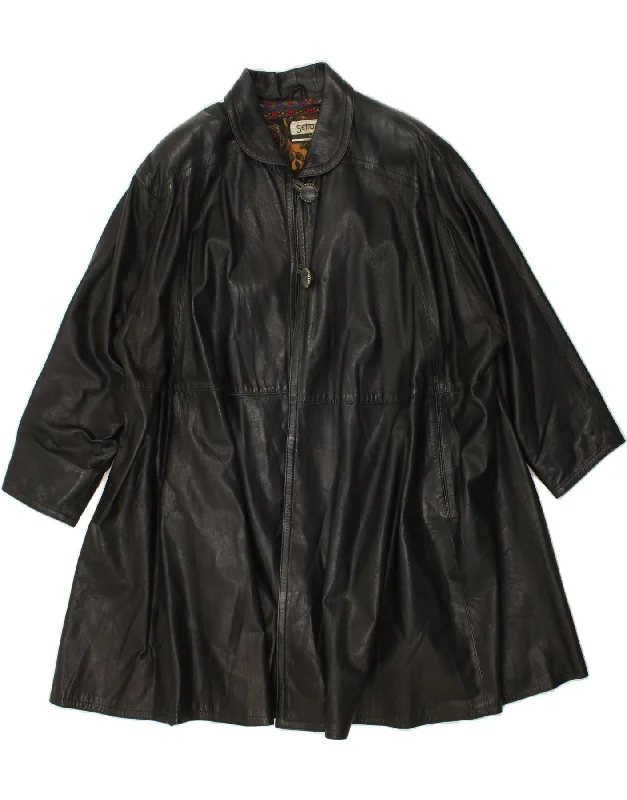 VINTAGE Womens Oversized Leather Coat UK 14 Medium Black Leather Tie-Waist Belted Drawstring