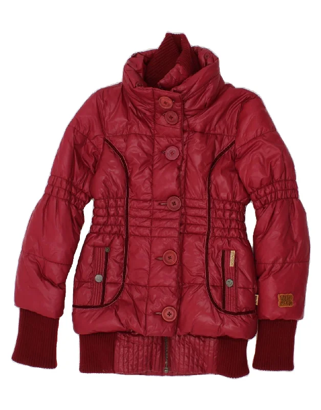 KHUJO Womens Padded Coat UK 10 Small Red Nylon Houndstooth Jacket Shearling Jacket Fleece Jacket