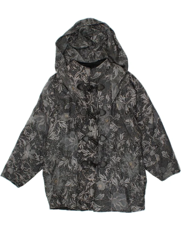 VINTAGE Womens Hooded Duffle Coat UK 16 Large Grey Floral Asymmetrical Collar Hooded Zippered