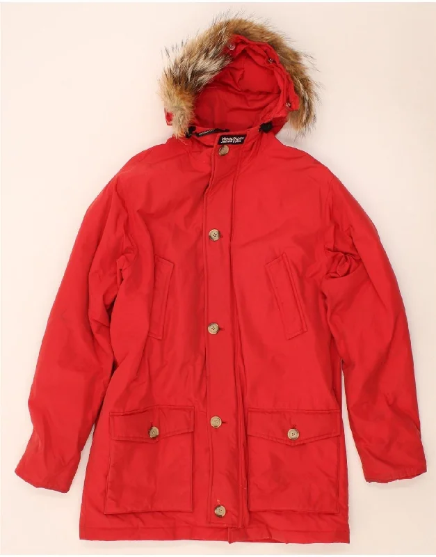 WOOLRICH Womens Hooded Padded Coat UK 14 Large Red Cuffed Rolled Raglan