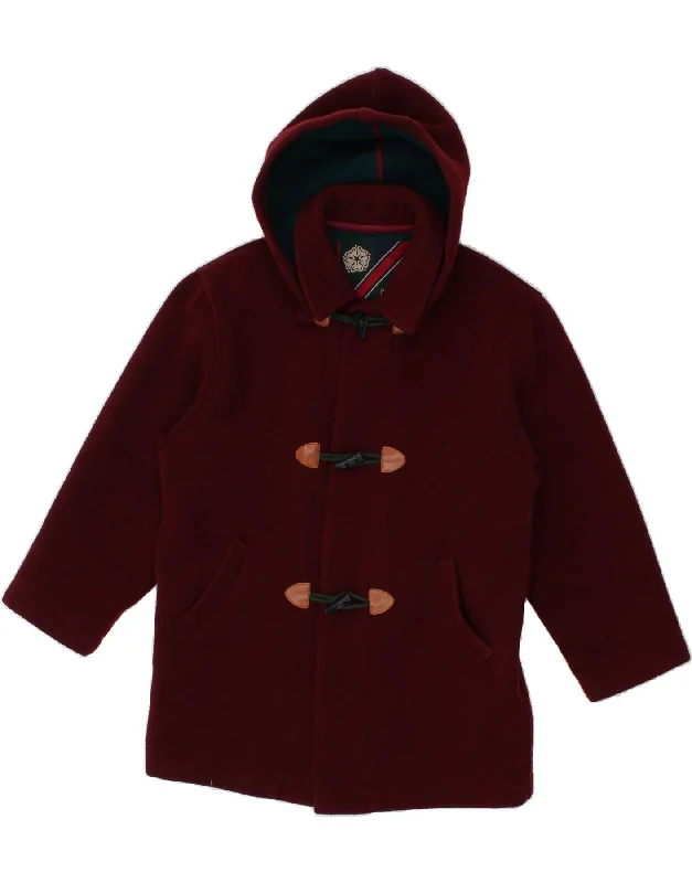 VINTAGE Womens Hooded Duffle Coat IT 40 Small Burgundy Wool Asymmetrical Collar Hooded Zippered