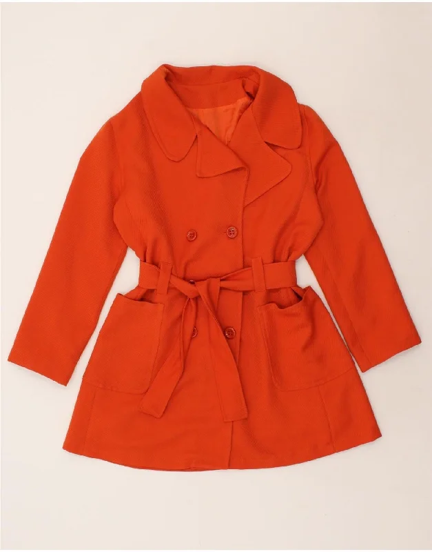 VINTAGE Womens Double Breasted Coat UK 14 Medium Orange Polyester Pleated Ruffled tiered