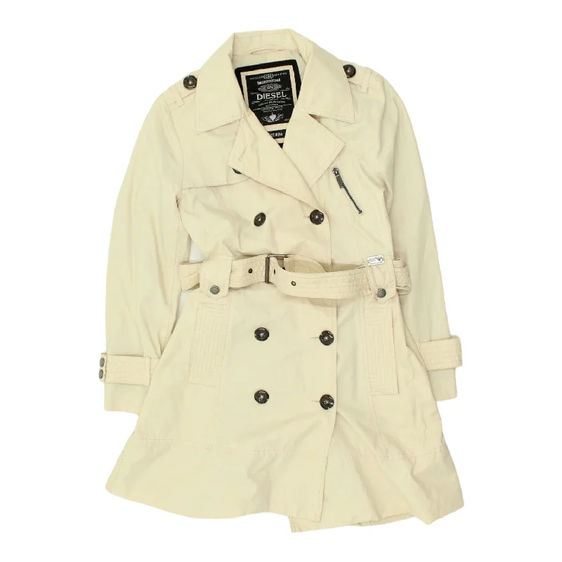 Diesel Womens Beige Double Breasted Trench Coat | Vintage Designer Belted Mac Striped Polka Dot Floral