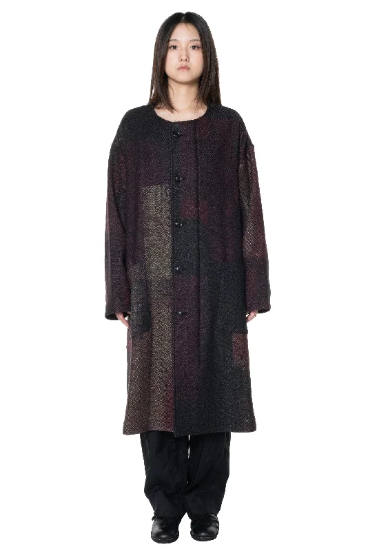 Collarless Coat Herringbone Abstract Block Trench Wool Cashmere