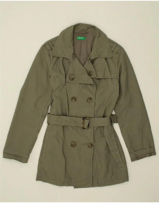 BENETTON Womens Double Breasted Coat IT 48 XL Khaki Cotton Hooded Jacket Zipper Jacket Button Jacket