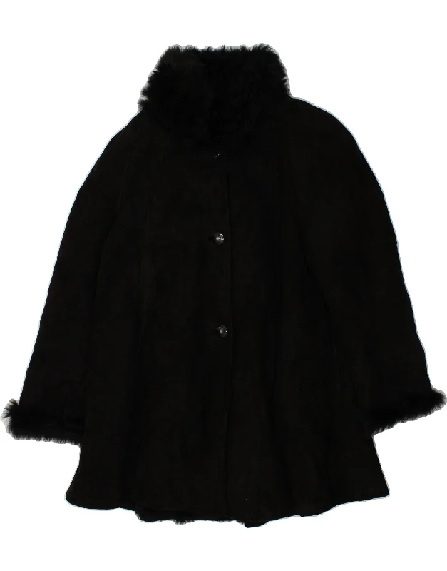 VINTAGE Womens Oversized Shearling Coat EU 40 Medium Black Shearling Front Pockets Side Pockets Patch Pockets