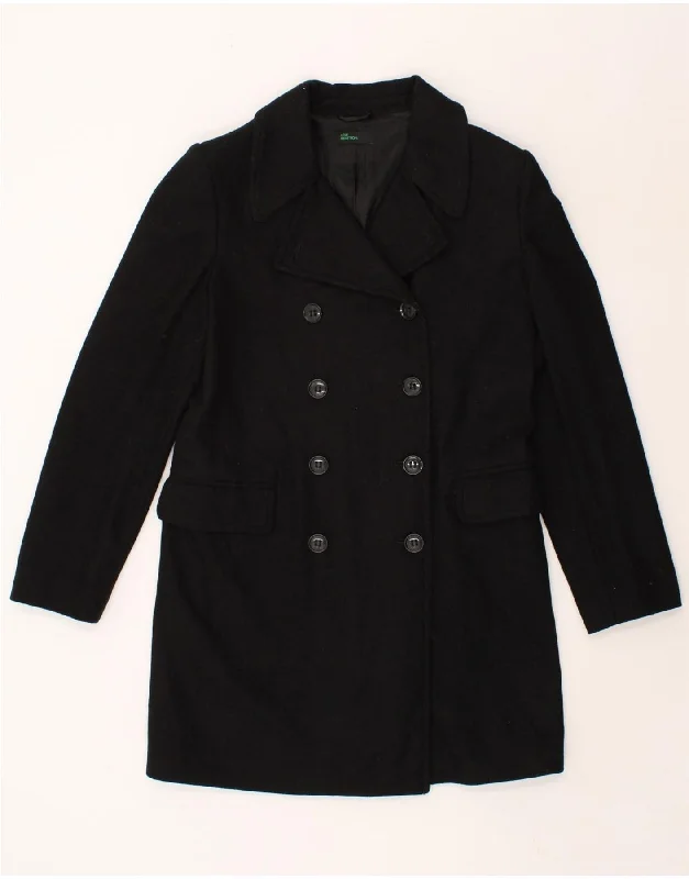 BENETTON Womens Double Breasted Coat IT 42 Medium Black Wool Fitted Loose Oversized