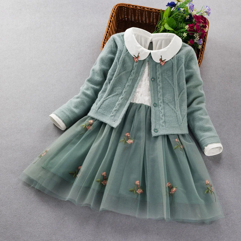 Elegant Girls clothing set new 2022 spring autumn Kids princess coat+dress 2Pcs suit for girl party children clothes 3 5 8 9Year Sequined Lace Ribbed