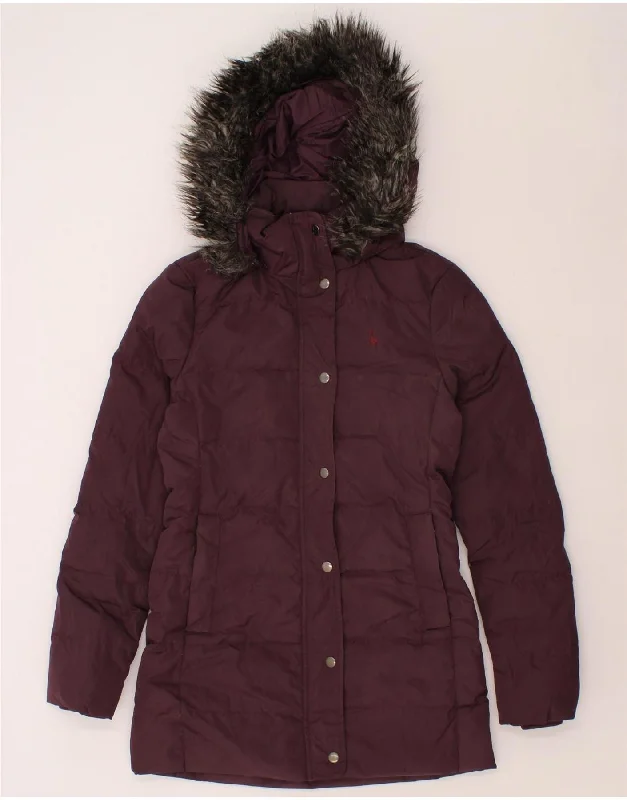 JACK WILLS Womens Hooded Padded Coat UK 8 Small Burgundy Polyester Front Pockets Side Pockets Patch Pockets