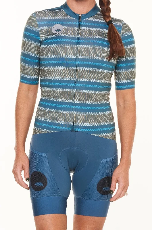 women's ROAM premium cycling jersey - alt stripe blue High-End Jersey Tee