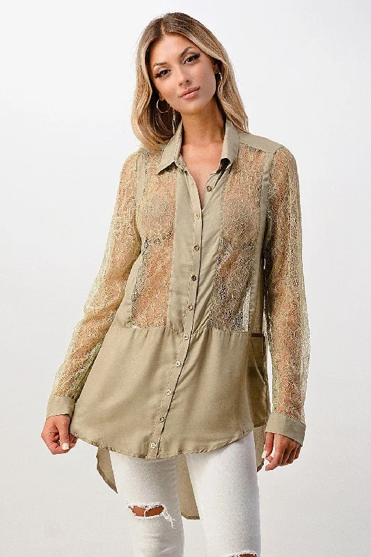 100% Silk Lace Panel Tunic Shirt Top Lace Blend Ribbed Blend Corduroy Blend