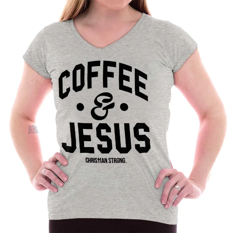 Coffee and Jesus Junior Fit V-Neck T-Shirt Chenille Blend Fleece Blend Nylon Blend