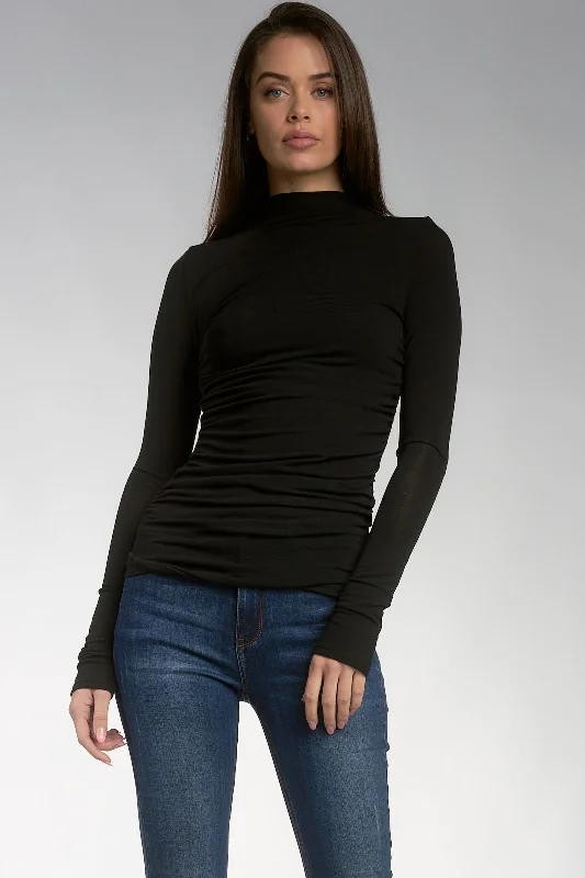 Long Sleeve Mock-Neck Ruched-Side Tee - Black Elasticated Padded Insulated