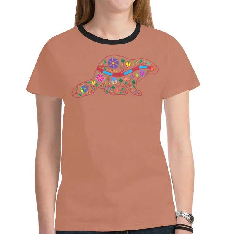 Floral Beaver Spirit Guide (Brown) T-shirt for Women Chenille Blend Fleece Blend Nylon Blend