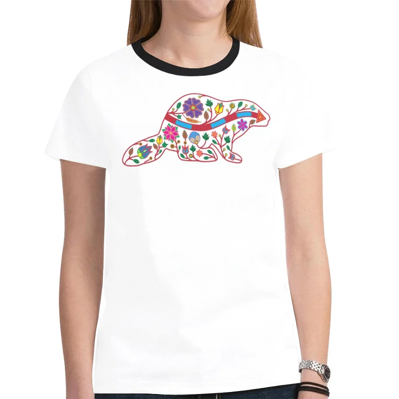 Floral Beaver Spirit Guide (White) T-shirt for Women Zippered Buttoned Snapped