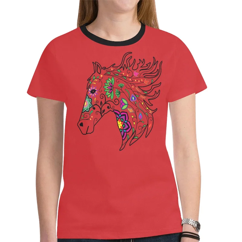 Horse Spirit Guide (Red) T-shirt for Women Ribbed Striped Patterned